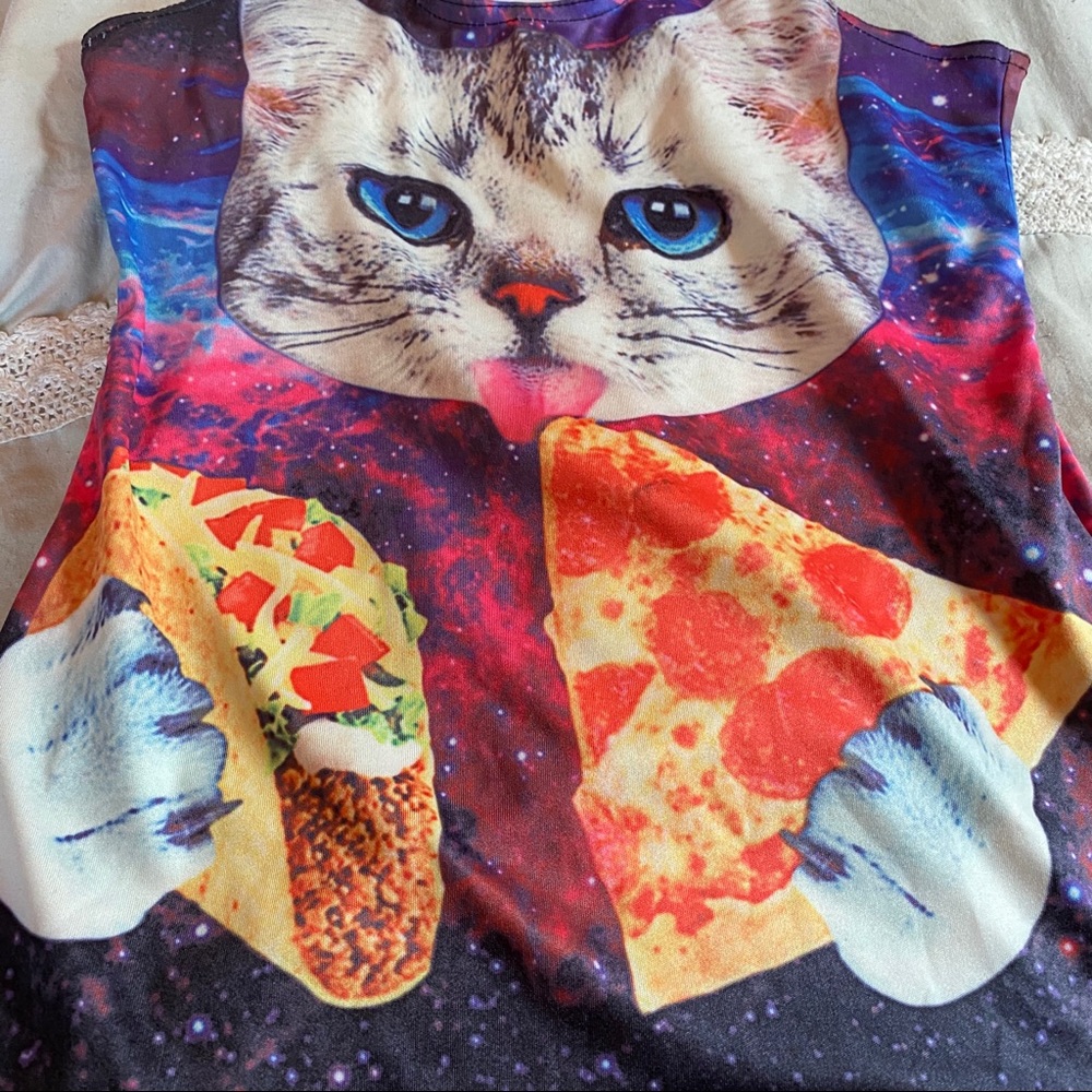 Silky Galaxy Cat eating Pizza & Tacos Racerback Tank Top - Picture 2 of 3